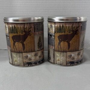 Vtg Rustic Deer Bear Pinecone Storage Tins Lids Mountain Pines Lodge Set of 2